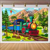 Lofaris Colorful Cartoon Train Birthday Backdrop with Mountains and Rainbow, Cute Squirrels Photo Background for Kids Party Decoration