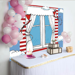 Lofaris Whimsical Cartoon Window Photography Backdrop with Red and White Stripes, Blue Sky and Kites, for Children's Photoshoot