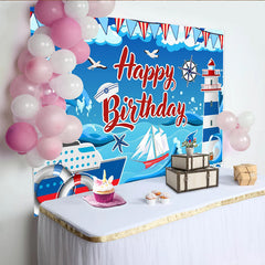 Lofaris Red and Blue Nautical Birthday Backdrop for Kids Party, Ocean Theme Lighthouse and Ship Photography Background