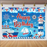 Lofaris Red and Blue Nautical Birthday Backdrop for Kids Party, Ocean Theme Lighthouse and Ship Photography Background