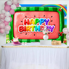 Lofaris Colorful Watermelon Cartoon Birthday Backdrop with Rainbow and Ladybugs, Vibrant Party Background for Kids Photoshoot and Celebration