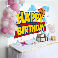 Lofaris Cartoon Cloud Cowboy Happy Birthday Backdrop with Western Hat, Kids Party Photography Background for Studio Photoshoot