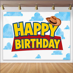Lofaris Cartoon Cloud Cowboy Happy Birthday Backdrop with Western Hat, Kids Party Photography Background for Studio Photoshoot