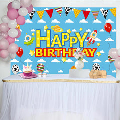 Lofaris Blue Sky Space Birthday Backdrop with Rocket, UFO and Planet, Colorful Balloons and Stars Party Background for Kids Photoshoot
