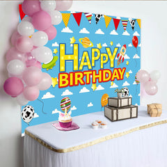 Lofaris Blue Sky Space Birthday Backdrop with Rocket, UFO and Planet, Colorful Balloons and Stars Party Background for Kids Photoshoot