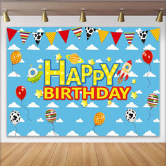 Lofaris Blue Sky Space Birthday Backdrop with Rocket, UFO and Planet, Colorful Balloons and Stars Party Background for Kids Photoshoot