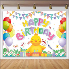 Lofaris Cute Cartoon Chick Happy Birthday Backdrop with Colorful Balloons and Cake, Festive Party Decoration for Kids Photoshoot
