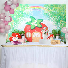 Lofaris Whimsical Strawberry House Photography Backdrop with Red Mushrooms and Green Foliage, Fairy Tale Garden for Kids Photoshoot