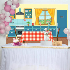 Lofaris Vibrant Cartoon Kitchen Photography Backdrop with Red and White Checkered Table, Modern Interior Studio Background for Photoshoot