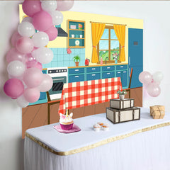 Lofaris Vibrant Cartoon Kitchen Photography Backdrop with Red and White Checkered Table, Modern Interior Studio Background for Photoshoot