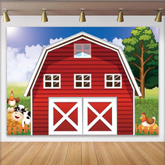 Lofaris Cartoon Farm Photography Backdrop with Red Barn, Cow and Chicken, Green Grass Blue Sky Background for Kids Party Decor