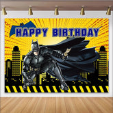 Lofaris Yellow Comic Superhero Birthday Backdrop with City Skyline and Bat Symbol, Action Packed Party Background for Kids