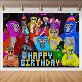 Lofaris Colorful Cartoon Ape Birthday Backdrop with Party Hats, Vibrant Pixelated Happy Birthday Background for Kids Party Photoshoot