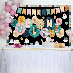Lofaris Pastel Colorful Welcome Photography Backdrop with Rainbows and Paper Fans, Cheerful Studio Background for Party Decor