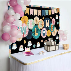 Lofaris Pastel Colorful Welcome Photography Backdrop with Rainbows and Paper Fans, Cheerful Studio Background for Party Decor