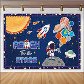 Lofaris Cartoon Astronaut Space Birthday Backdrop with Planets and Rocket, "Reach for the Stars" Theme Background for Kids Party Photography