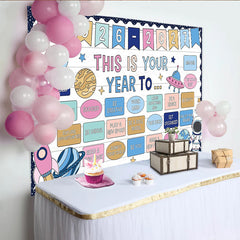 Lofaris Cartoon Space Photography Backdrop with Motivational Phrases and Astronaut, White Wood Texture for Classroom or Studio Photoshoot