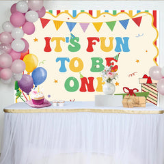 Celebrate Colorful Balloons and Stripes 1st Birthday Backdrop for Boy, Fun to Be One Party Banner and Cute Cake Smash Studio Prop