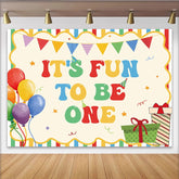 Celebrate Colorful Balloons and Stripes 1st Birthday Backdrop for Boy, Fun to Be One Party Banner and Cute Cake Smash Studio Prop