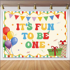 Celebrate Colorful Balloons and Stripes 1st Birthday Backdrop for Boy, Fun to Be One Party Banner and Cute Cake Smash Studio Prop