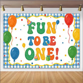 Lofaris Colorful Fun To Be One 1st Birthday Backdrop, Balloons and Party Hat, Gingham Border Background for Baby's Party