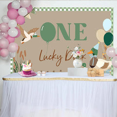 Celebrate One Lucky Duck Animal Birthday Backdrop for 1st Birthday, Cute Mallard Duck Banner for Cake Smash Photo Booth