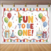 Lofaris Colorful FUN TO BE ONE 1st Birthday Backdrop with Balloons, Cake and Gifts, Party Decoration for Baby Boy or Girl Photoshoot