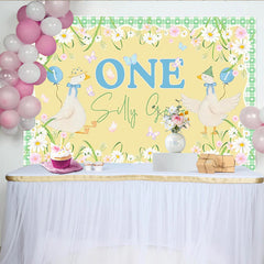 Lofaris Silly Goose First Birthday Backdrop with Cartoon Geese and Daisies, Cute Animal Party Background for Baby Photography
