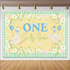 Lofaris Silly Goose First Birthday Backdrop with Cartoon Geese and Daisies, Cute Animal Party Background for Baby Photography