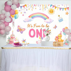 Lofaris It's Fun to be ONE Cartoon 1st Birthday Backdrop with Rainbow and Balloons, Cute Animal Cake Smash Background for Baby Party Decor
