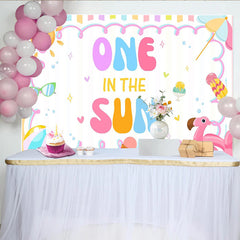 Lofaris One In The Sun 1st Birthday Backdrop with Summer Beach Elements and Pastel Colors, Cute Party Background for Baby Photoshoot