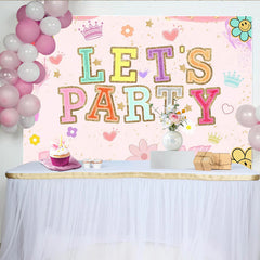 Lofaris Pink Groovy Let's Party Birthday Backdrop with Colorful Glitter Letters, Fun Photo Booth Background for Girls Celebration.