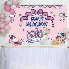 Lofaris Cute Pink Cartoon Birthday Backdrop with Cake and Teddy Bear, Adorable Party Decoration Background for Girls Photoshoot