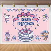 Lofaris Cute Pink Cartoon Birthday Backdrop with Cake and Teddy Bear, Adorable Party Decoration Background for Girls Photoshoot