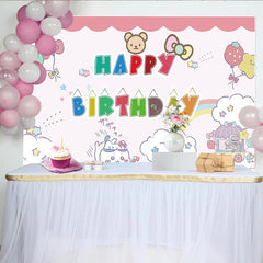 Lofaris Cute Cartoon Animal Happy Birthday Backdrop with Balloons and Rainbow, Adorable Party Background for Kids Photoshoot Decor