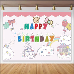 Lofaris Cute Cartoon Animal Happy Birthday Backdrop with Balloons and Rainbow, Adorable Party Background for Kids Photoshoot Decor