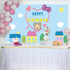 Lofaris Cute Cartoon Bear Happy Birthday Backdrop with Village Houses and Tulips, Blue Sky Photography Background for Kids Party Decor