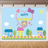 Lofaris Cute Cartoon Bear Happy Birthday Backdrop with Village Houses and Tulips, Blue Sky Photography Background for Kids Party Decor