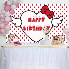 Lofaris Cute Red Polka Dot Birthday Backdrop with Heart and Bow, Adorable Teddy Bear Photo Background for Girls Party