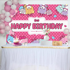 Lofaris Cute Pink Polka Dot Cartoon Animal Birthday Backdrop for Girls, Happy Birthday Party Background with Sweet Lollipops for Photoshoot