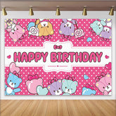 Lofaris Cute Pink Polka Dot Cartoon Animal Birthday Backdrop for Girls, Happy Birthday Party Background with Sweet Lollipops for Photoshoot