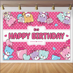 Lofaris Cute Pink Polka Dot Cartoon Animal Birthday Backdrop for Girls, Happy Birthday Party Background with Sweet Lollipops for Photoshoot