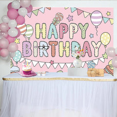 Lofaris Pastel Macaron Happy Birthday Backdrop with Balloons, Cute Cartoon Party Decor for Kids Photography