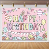 Lofaris Pastel Macaron Happy Birthday Backdrop with Balloons, Cute Cartoon Party Decor for Kids Photography