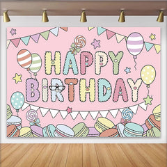 Lofaris Pastel Macaron Happy Birthday Backdrop with Balloons, Cute Cartoon Party Decor for Kids Photography