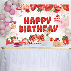 Lofaris Pink Watercolor Strawberry Birthday Backdrop with Cake and Cupcakes, Sweet Festive Party Decor for Girls Photoshoot