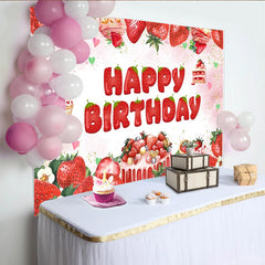 Lofaris Pink Watercolor Strawberry Birthday Backdrop with Cake and Cupcakes, Sweet Festive Party Decor for Girls Photoshoot