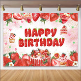 Lofaris Pink Watercolor Strawberry Birthday Backdrop with Cake and Cupcakes, Sweet Festive Party Decor for Girls Photoshoot