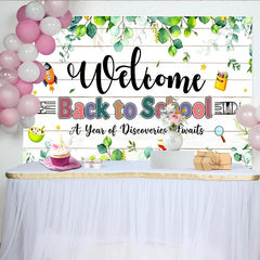 Lofaris Welcome Back to School Backdrop with Green Eucalyptus and Wooden Planks, Classroom Background for Photo Booth Props and Party Decor