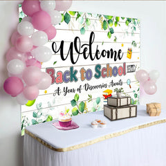 Lofaris Welcome Back to School Backdrop with Green Eucalyptus and Wooden Planks, Classroom Background for Photo Booth Props and Party Decor